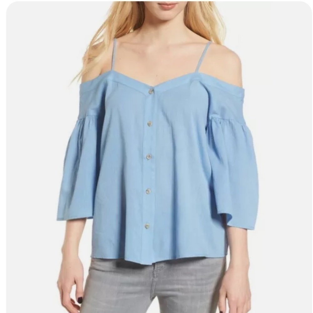 BP Off‎ the Shoulder Bell Sleeve Blouse Blue Medium